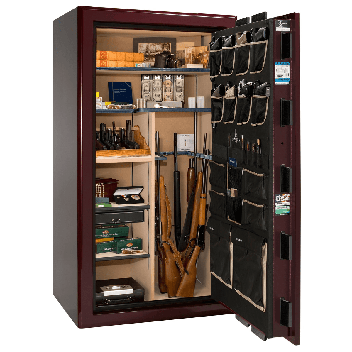 Presidential Series | Level 8 Security | 2.5 Hours Fire Protection | 40 | Dimensions: 66.5&quot;(H) x 36.25&quot;(W) x 32&quot;(D) | Burgundy Gloss | Gold Hardware | Electronic Lock